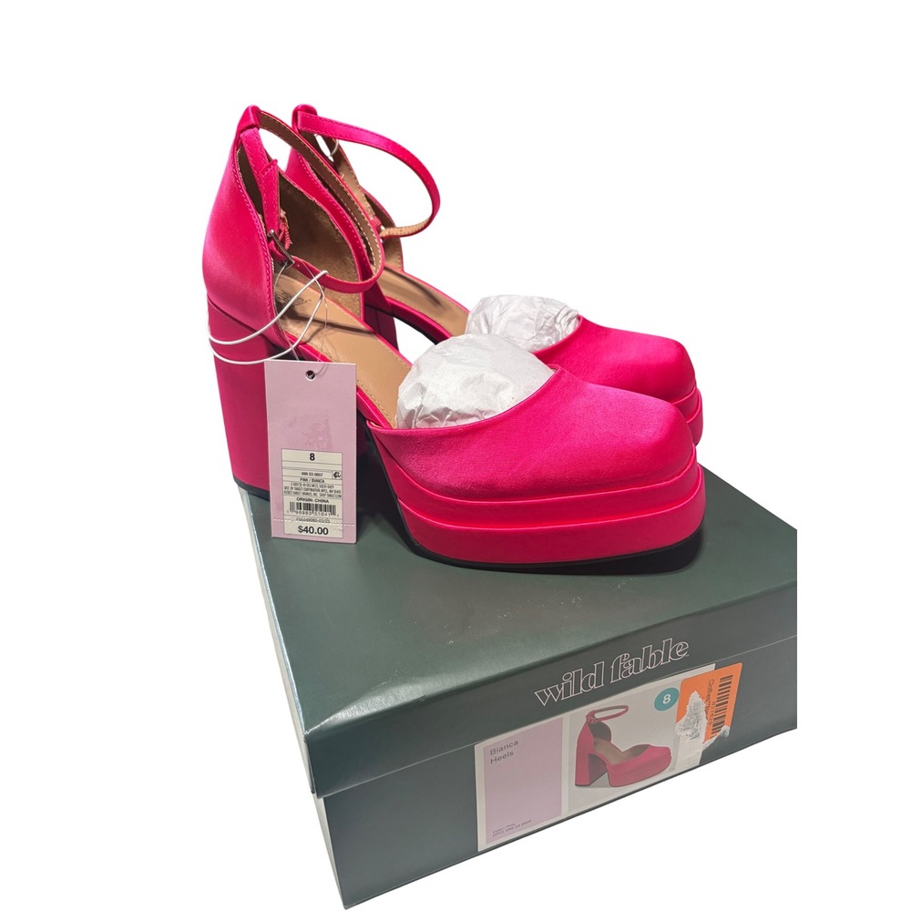 Wild Fable Bianca Hot Pink Satin Platform Heels Square Toe Ankle Strap Womens 8